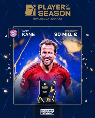 26球10助+生涯首冠!凯恩当选德转用户评选的德甲赛季最佳球员